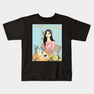 Kawaii Girl in cafe Kids T-Shirt